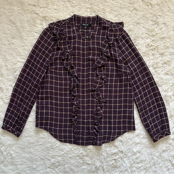 Madewell Blouse Plaid Ruffle-Front Top Button Up Long Sleeve Wool Blend XS - Picture 3 of 12